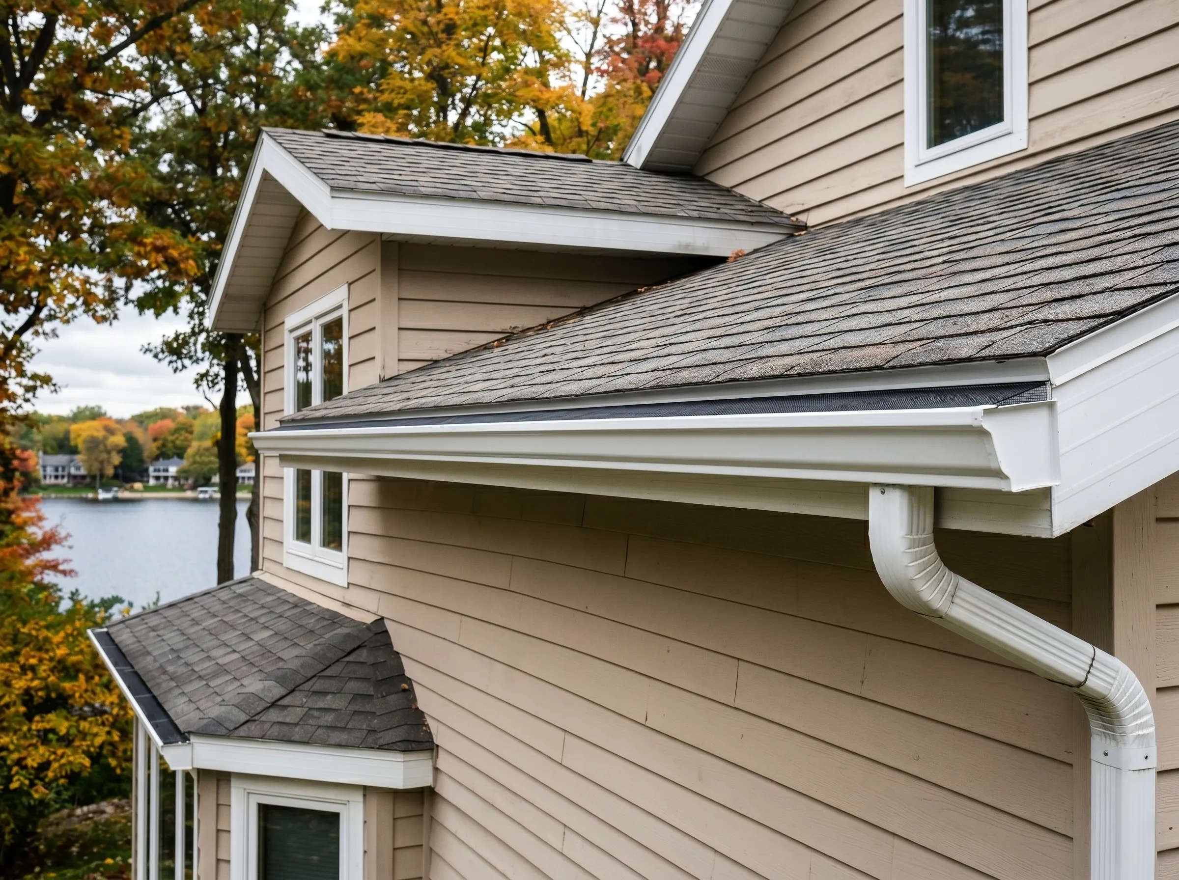 Fontana lakefront after: new seamless gutters with black mesh guards