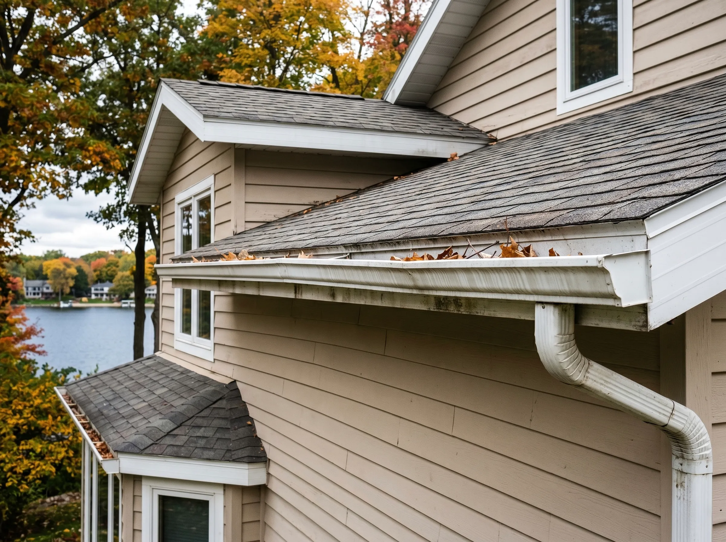 Fontana lakefront before: leaf filled, stained aluminum gutters