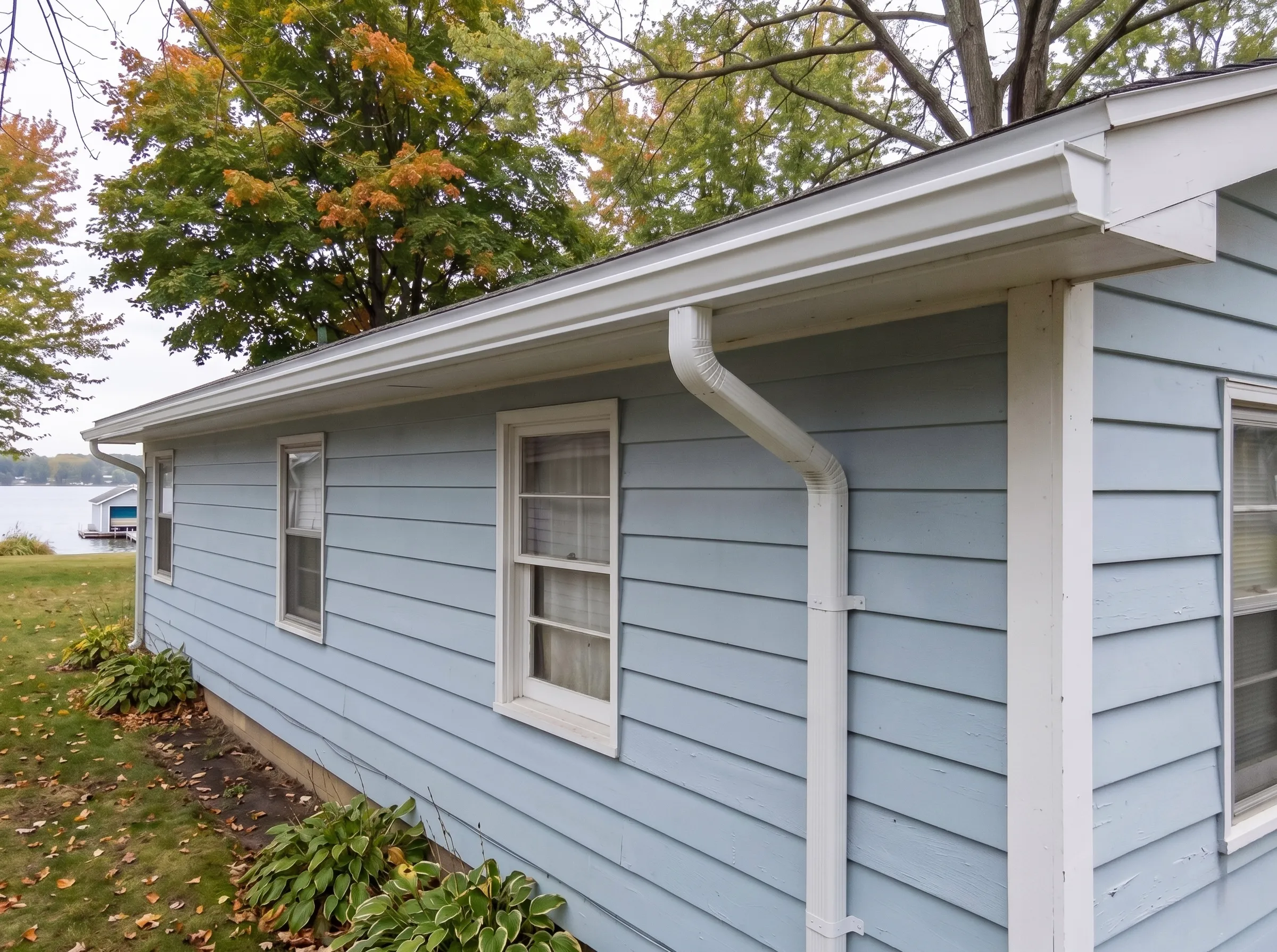 Williams Bay cottage after: new white seamless gutters and downspout