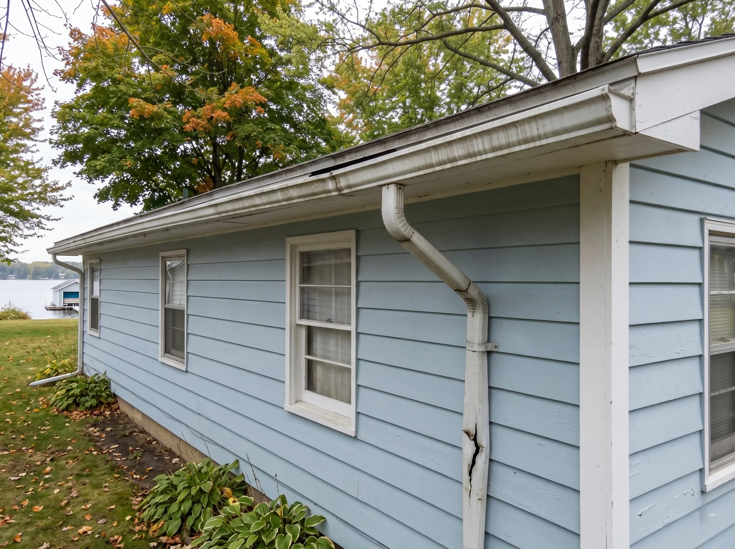 Williams Bay cottage before: aged, weathered gutters with a cracked downspout