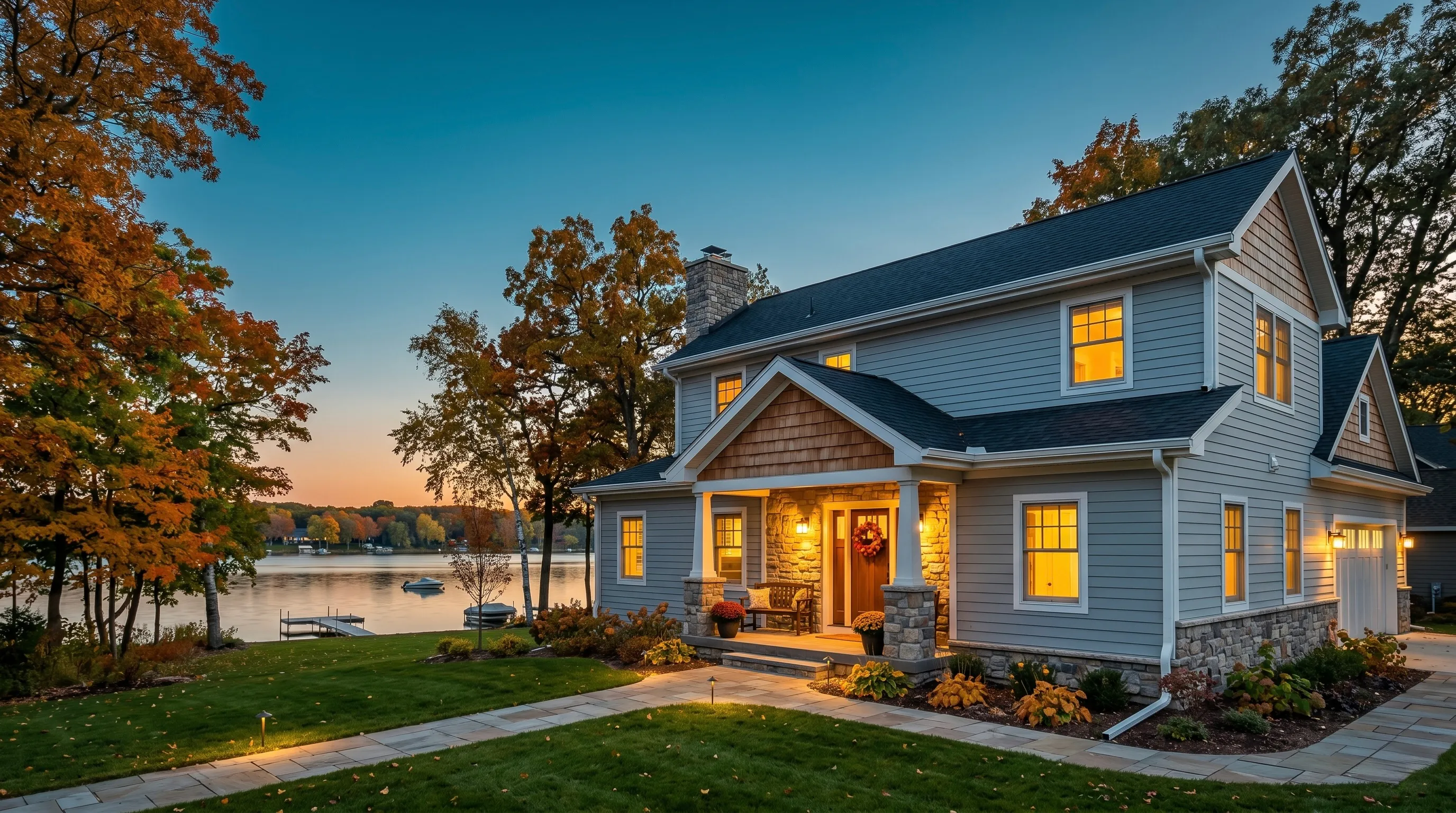 Gray clapboard and stone lakefront home at dusk in the Lake Geneva area, warm window light, a covered porch, autumn trees, and a dock on the calm lake